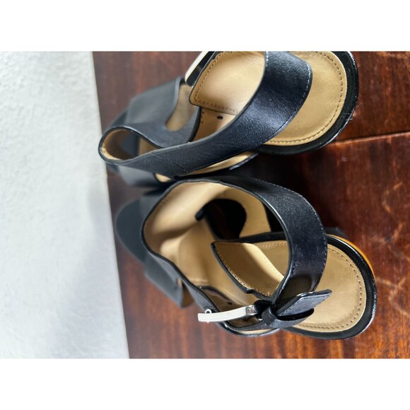 Michael Kors Josephine Sandal Womens 7M Black Platform Wedge Leather Wood Peep T - Picture 10 of 11